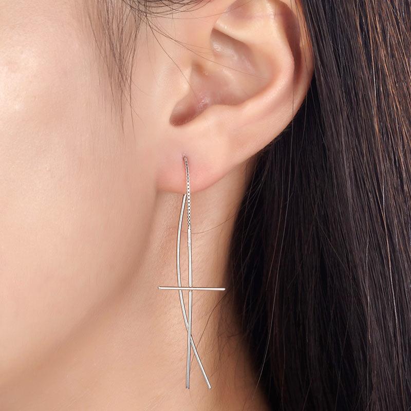 Dangle Drop Cross 925 Sterling Silver Earrings Long Elegant XFE8137 - DromedarShop.com Online Boutique