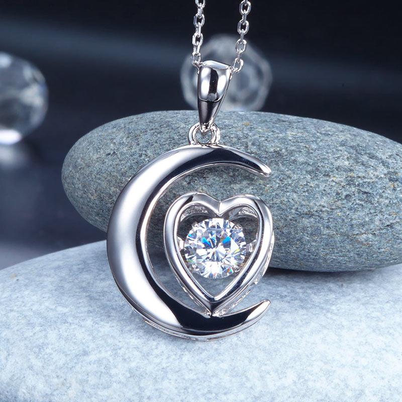 Dancing Stone Moon Heart Pendant Necklace 925 Sterling Silver Good for Bridal Bridesmaid Gift XFN8056 - DromedarShop.com Online Boutique