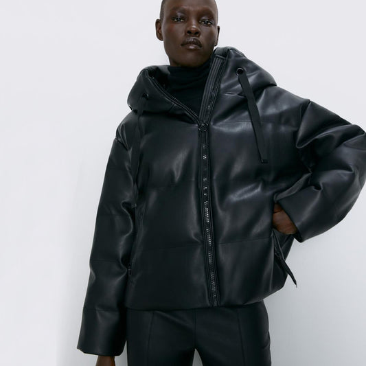 Women Zipper Hooded Black Faux Leather Parkas Jacket DromedarShop.com Online Boutique