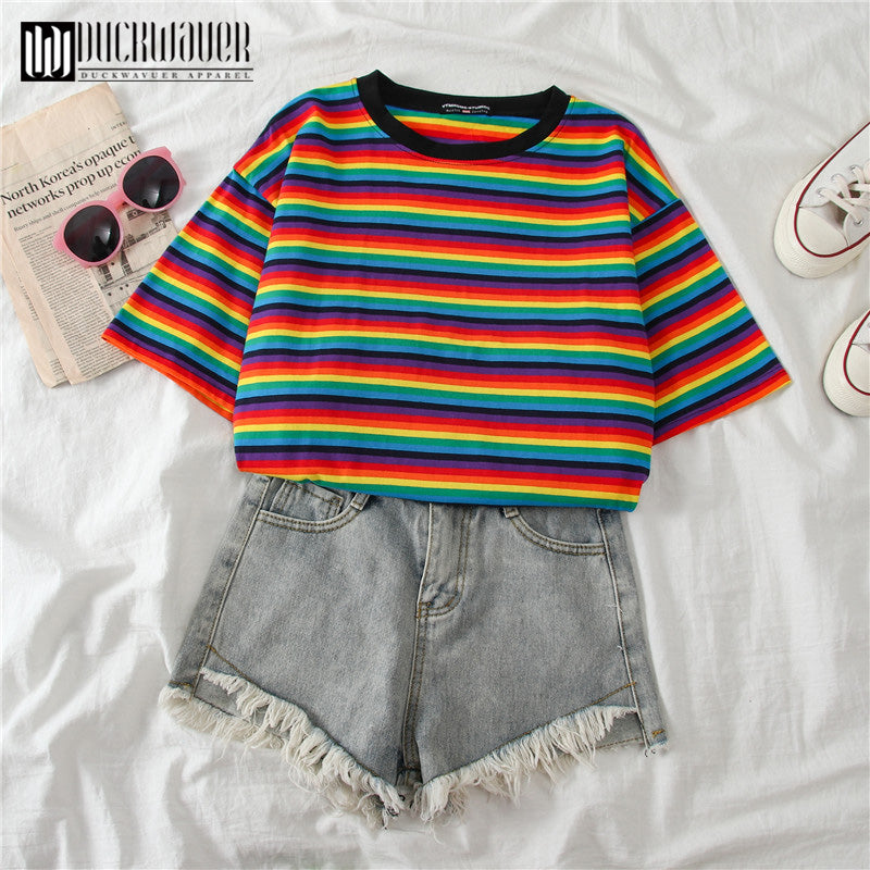 Multicolor Stripe Women Summer T-Shirt DromedarShop.com Online Boutique