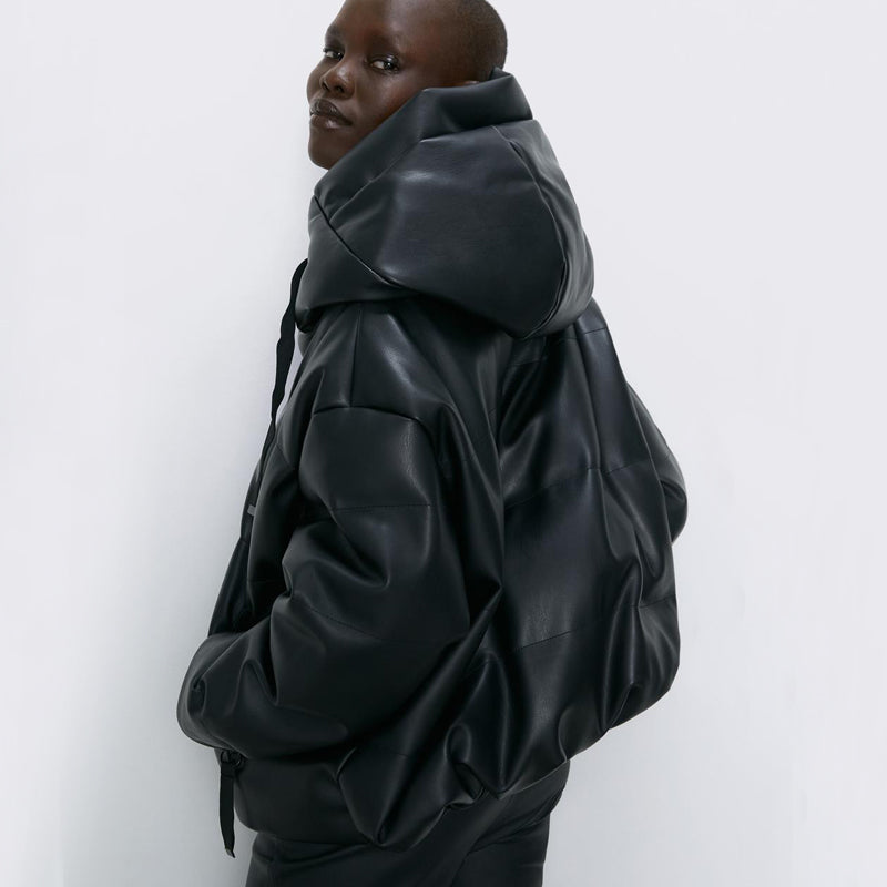 Women Zipper Hooded Black Faux Leather Parkas Jacket DromedarShop.com Online Boutique