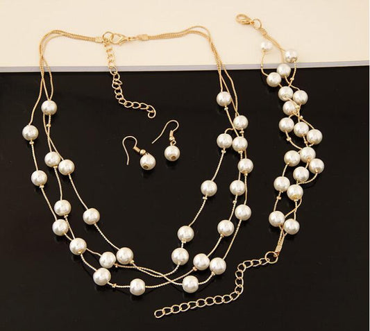Imitation Pearl Jewelry Simulated Pearl Double Layer Earrings Necklace Bracelet Sets DromedarShop.com Online Boutique