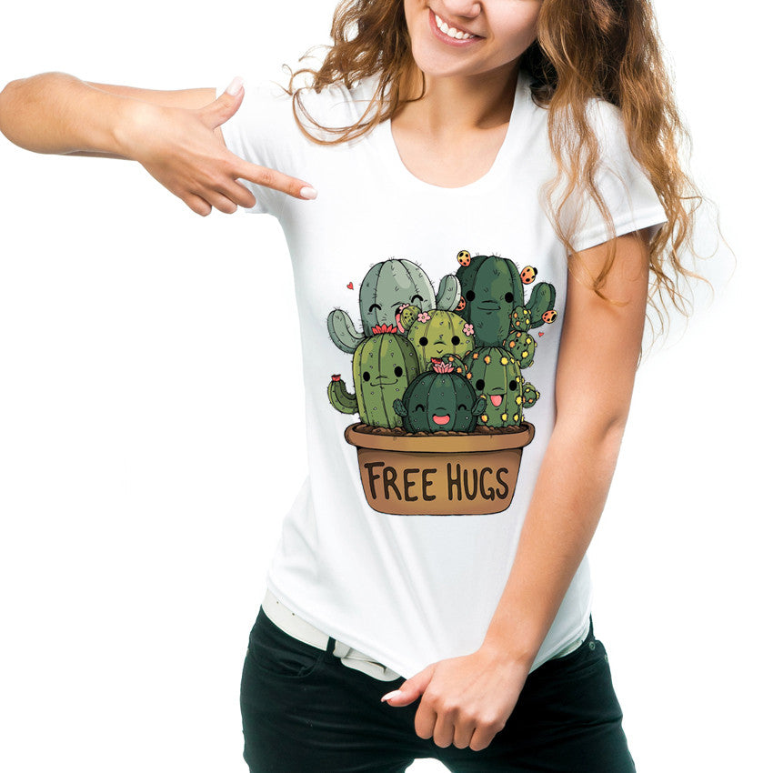 Women Cute Cactus Free Hugs Design Print T-Shirt DromedarShop.com Online Boutique