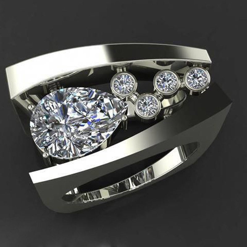 Unique Geometric Silver Color White Water Drop Crystal Zircon Wedding Ring DromedarShop.com Online Boutique