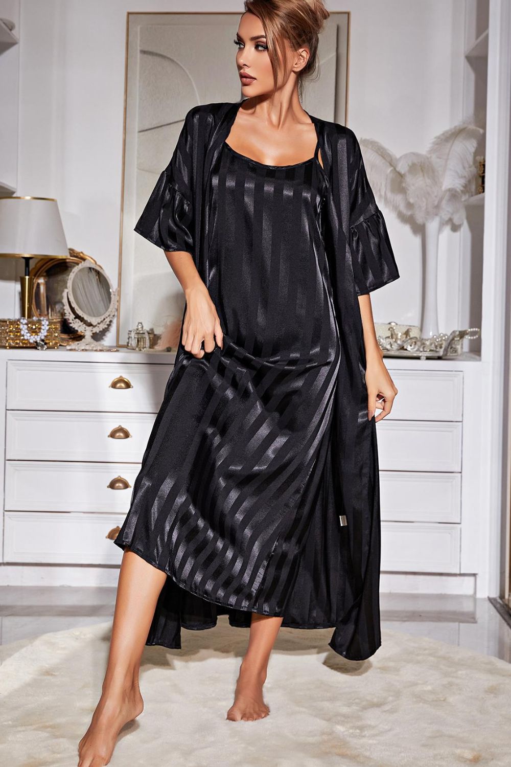 Striped Flounce Sleeve Open Front Robe and Cami Dress Set DromedarShop.com Online Boutique