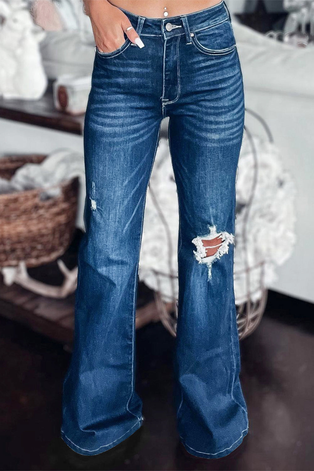 Asymmetrical Open Knee Distressed Flare Jeans - DromedarShop.com Online Boutique