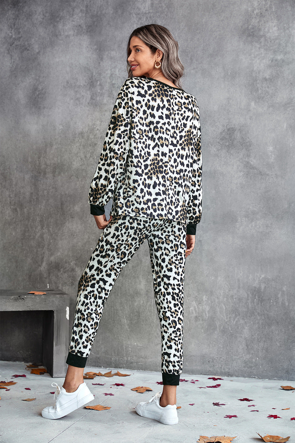 Leopard V-Neck Dropped Shoulder Loungewear Set - DromedarShop.com Online Boutique