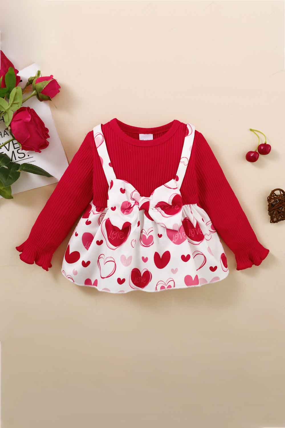 Girls Heart Print Bow Detail Sweater and Flare Pants Set - DromedarShop.com Online Boutique