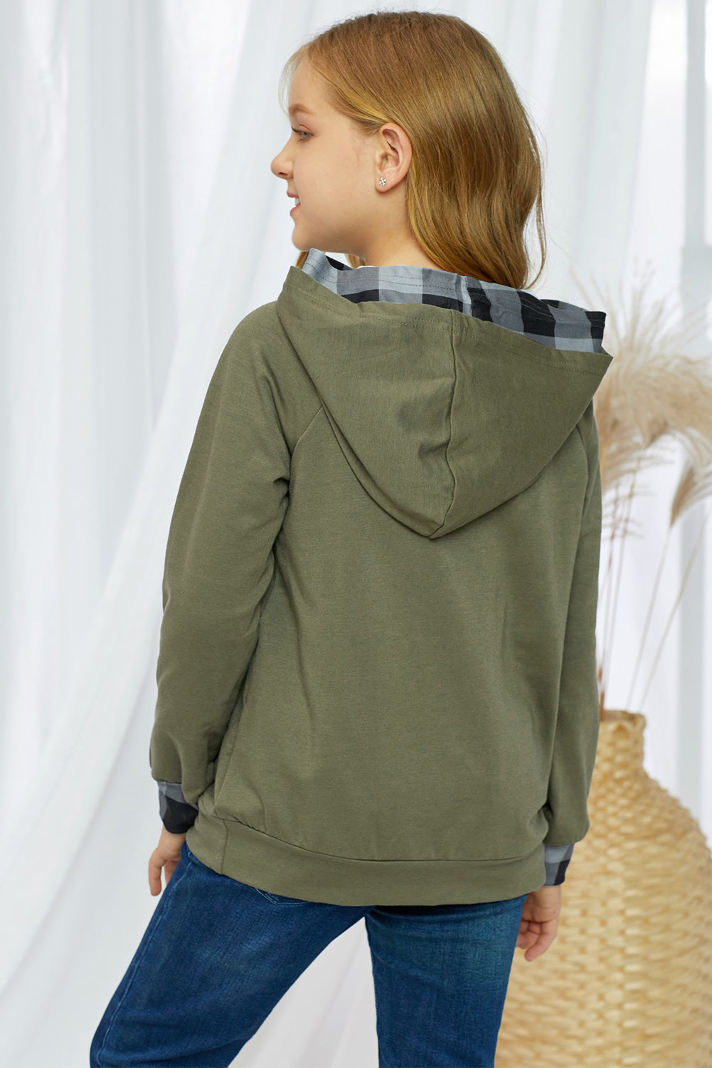 Girls Plaid Decorative Button Hoodie with Pockets - DromedarShop.com Online Boutique