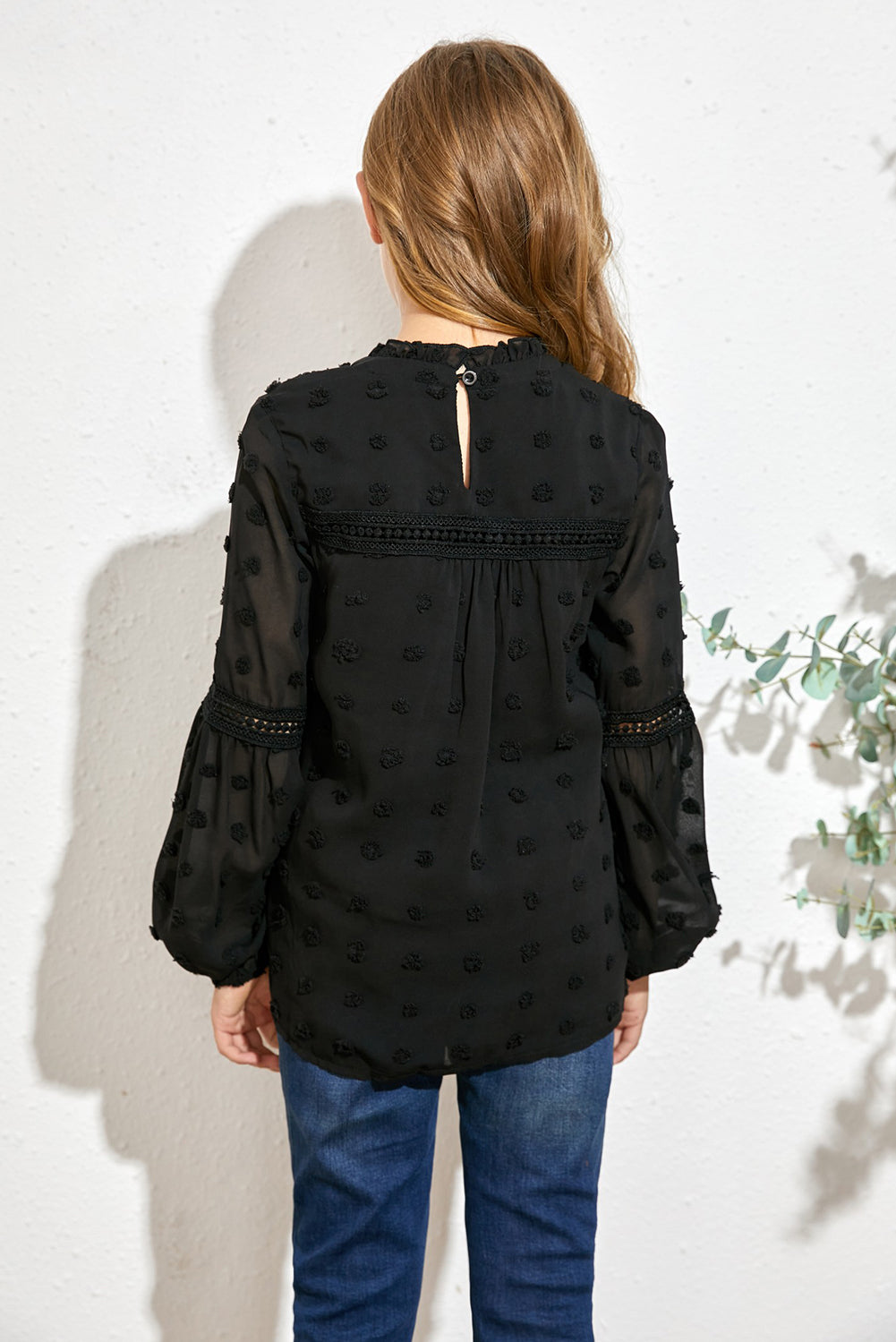 Girls Swiss Dot Spliced Lace Notched Blouse - DromedarShop.com Online Boutique