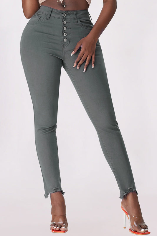 Button Fly Hem Detail Skinny Jeans - DromedarShop.com Online Boutique