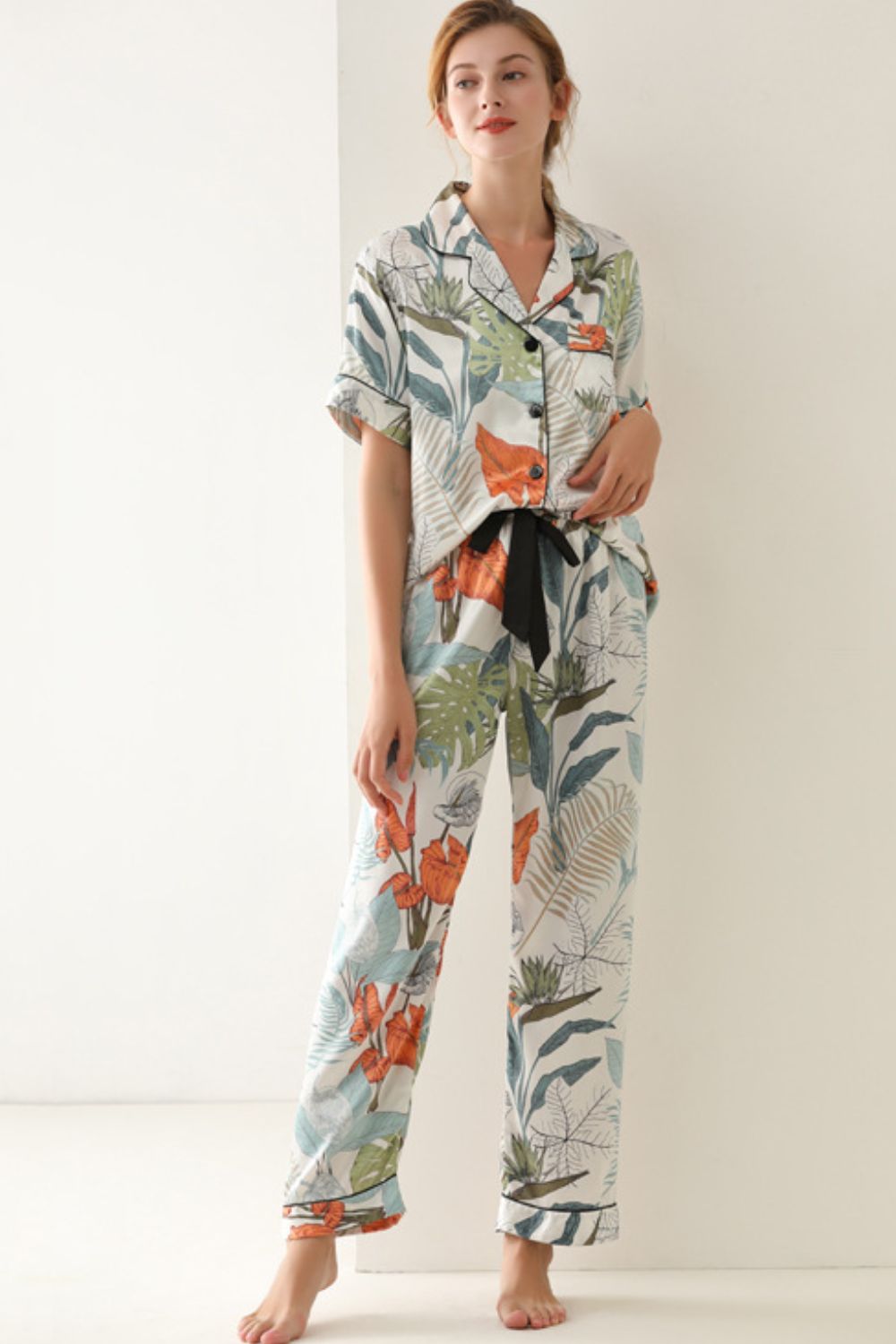 Botanical Print Button-Up Top and Pants Pajama Set DromedarShop.com Online Boutique