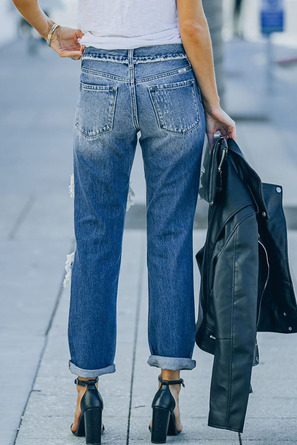 Distressed Frayed Trim Straight Leg Jeans - DromedarShop.com Online Boutique