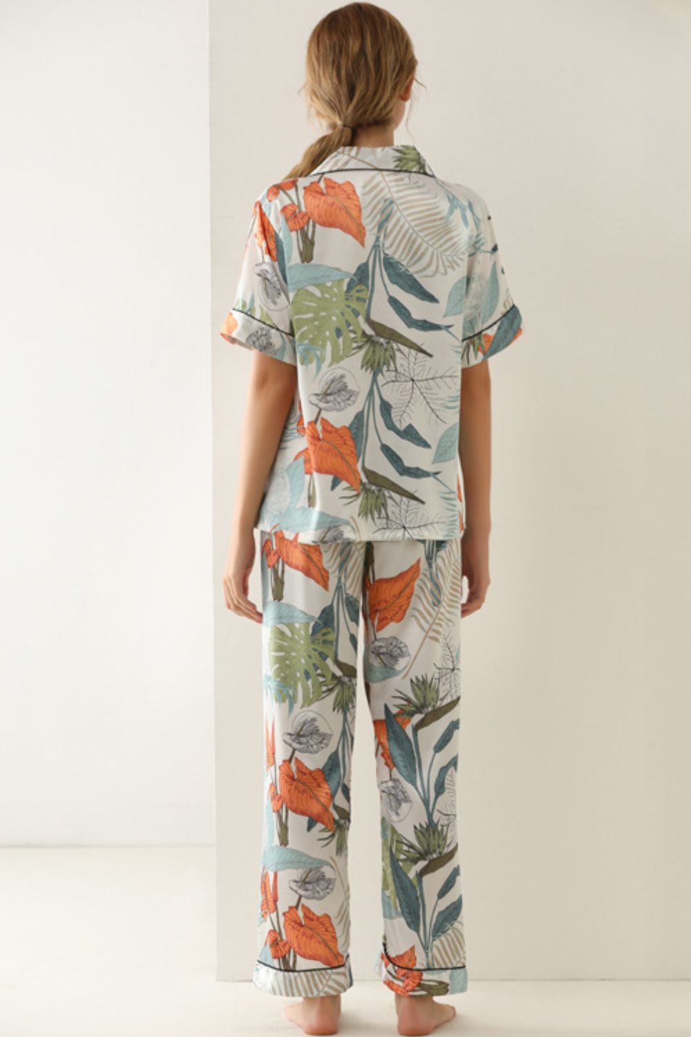 Botanical Print Button-Up Top and Pants Pajama Set DromedarShop.com Online Boutique