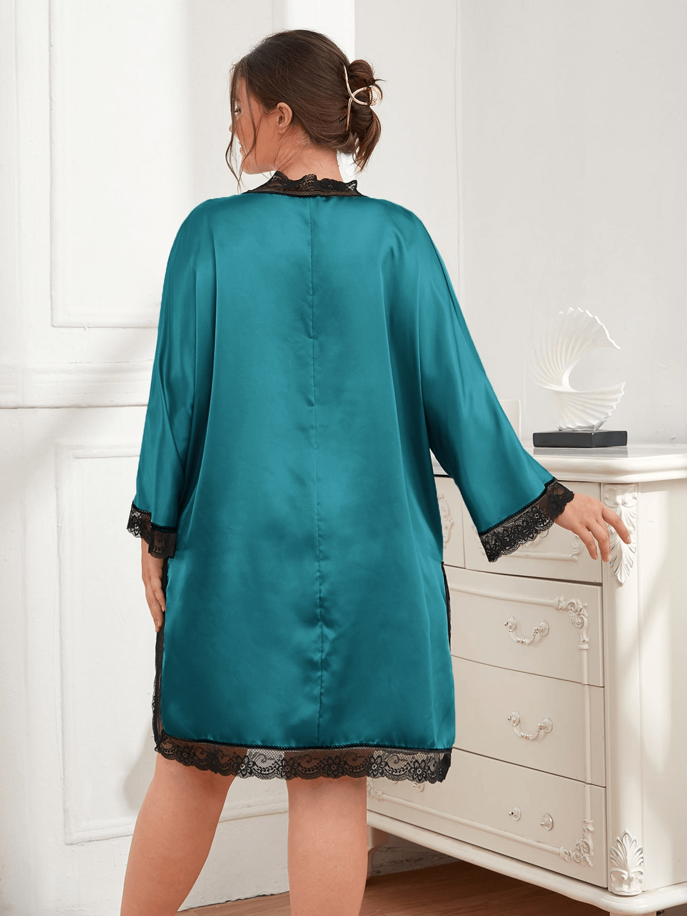 Plus Size Contrast Spliced Lace Deep V Slit Night Dress DromedarShop.com Online Boutique