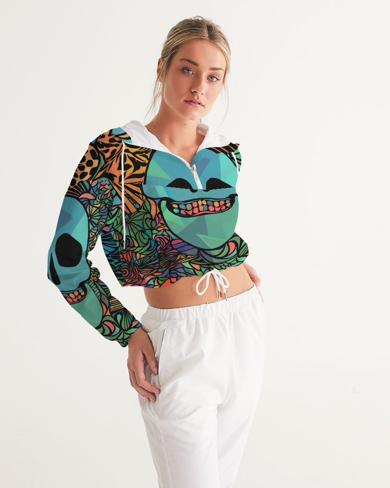 Aztec-Inka Collection Mexican Colorful Skull  Women's Cropped Windbreaker DromedarShop.com Online Boutique