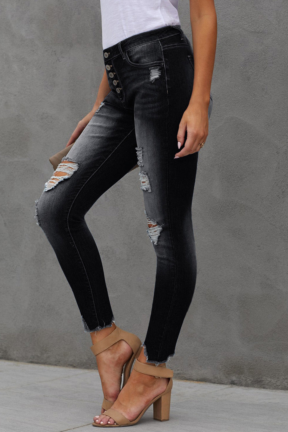 Button Fly Hem Detail Ankle-Length Skinny Jeans - DromedarShop.com Online Boutique
