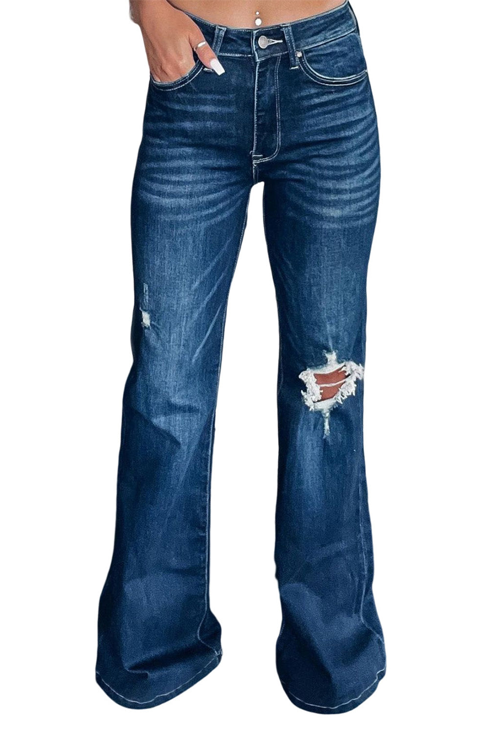 Asymmetrical Open Knee Distressed Flare Jeans - DromedarShop.com Online Boutique