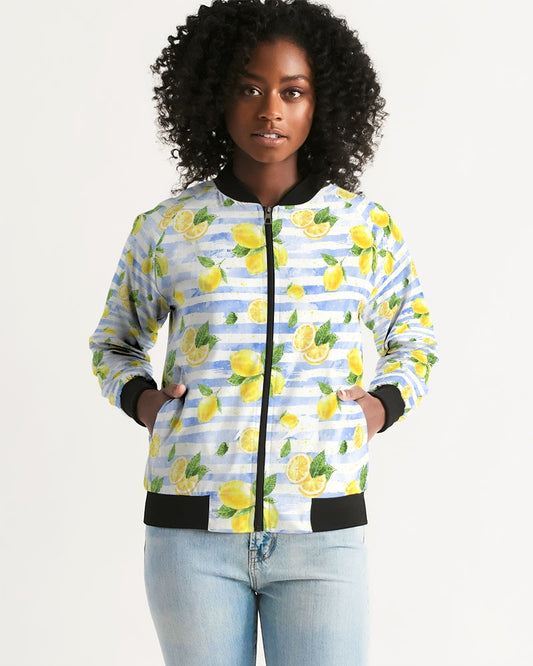 Summer Lemon Stripe Women's Bomber Jacket DromedarShop.com Online Boutique