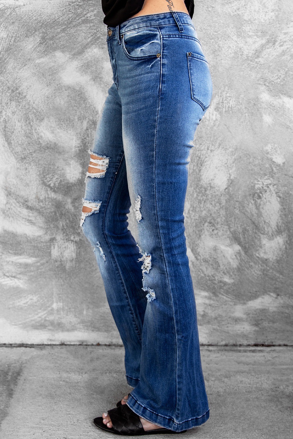 Distressed Flare Leg Jeans with Pockets - DromedarShop.com Online Boutique
