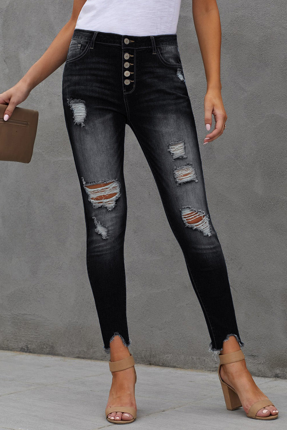Button Fly Hem Detail Ankle-Length Skinny Jeans - DromedarShop.com Online Boutique