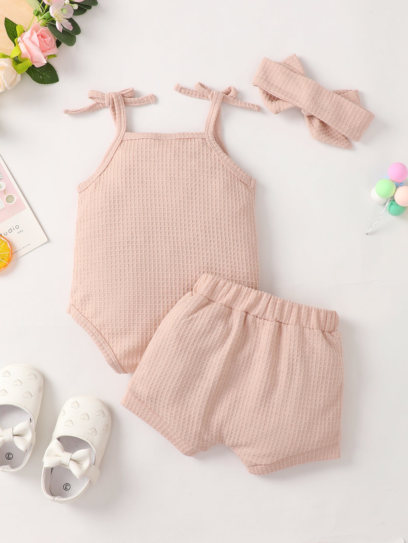 Baby Girl Waffle-Knit Tie-Shoulder Top and Shorts Set - DromedarShop.com Online Boutique