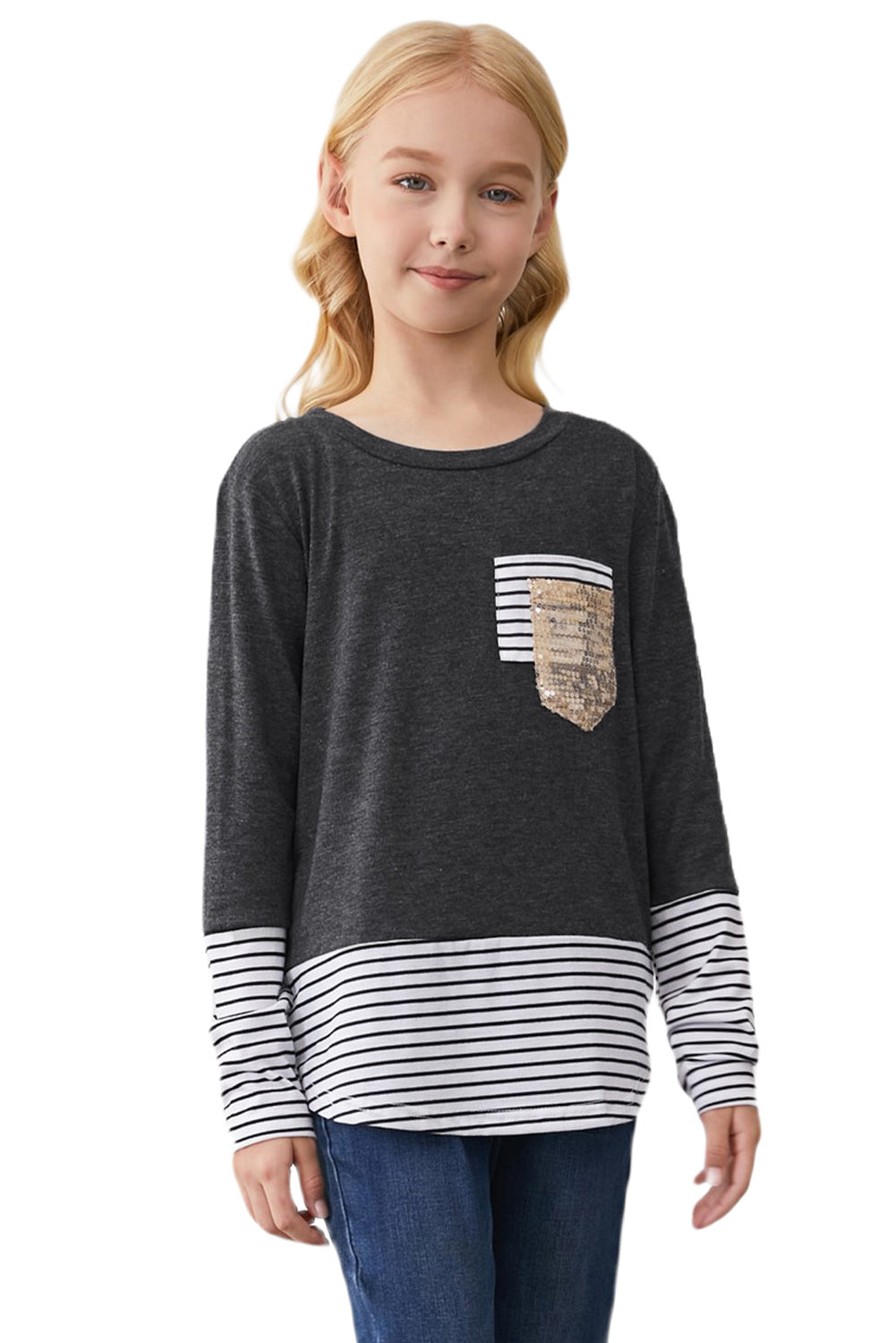 Girls Striped Color Block Sequin Pocket Top - DromedarShop.com Online Boutique
