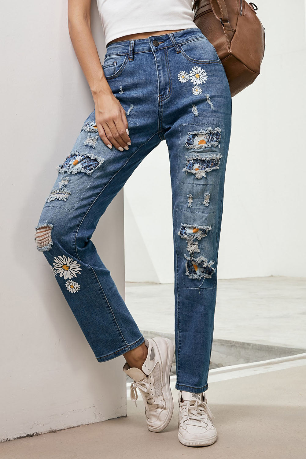 Printed Patch Distressed Boyfriend Jeans - DromedarShop.com Online Boutique