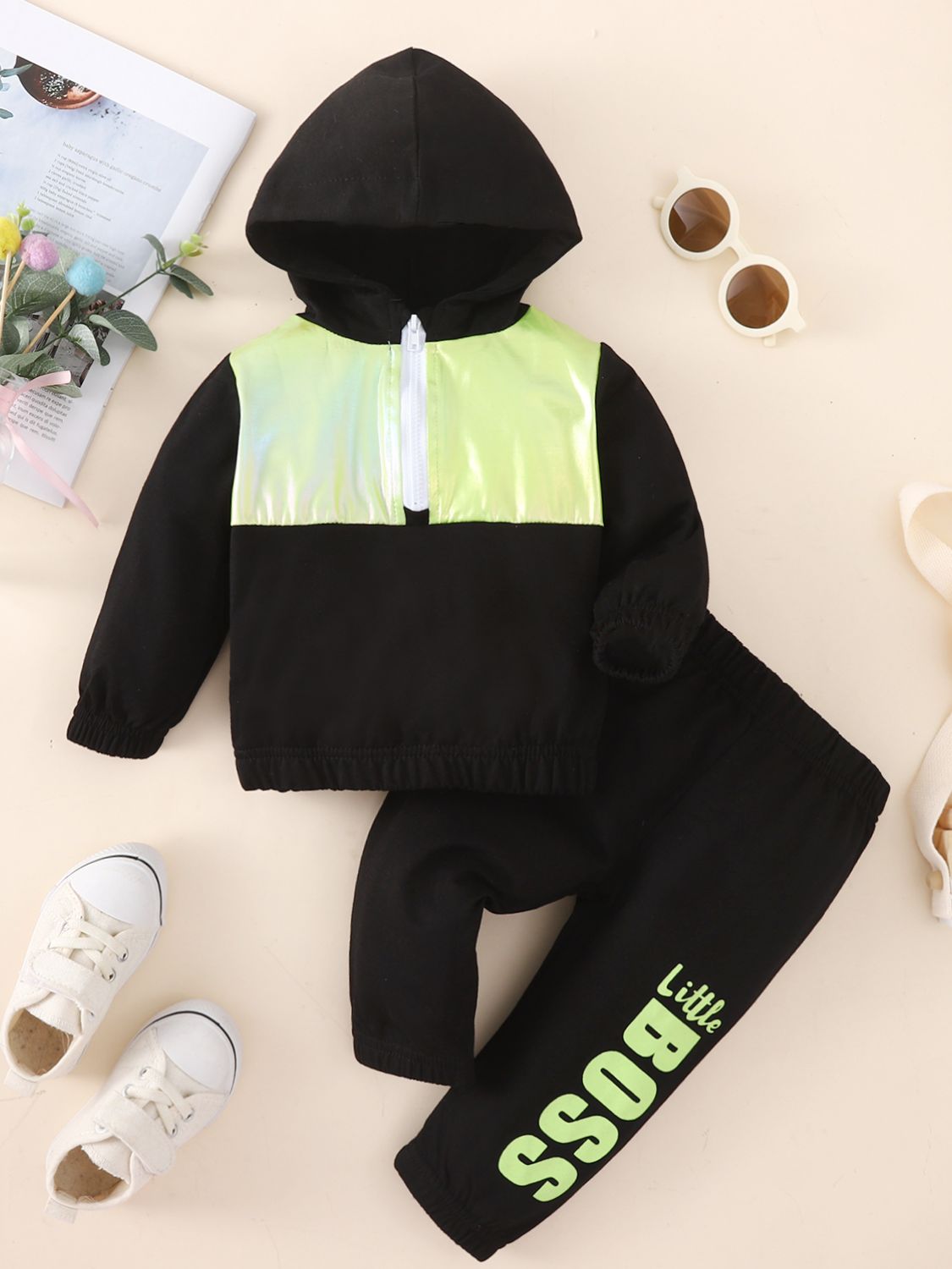 Baby Two-Tone Hoodie and Letter Graphic Joggers Set - DromedarShop.com Online Boutique