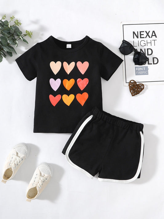 Kids Heart Print T-Shirt and Side Stripe Shorts Set - DromedarShop.com Online Boutique