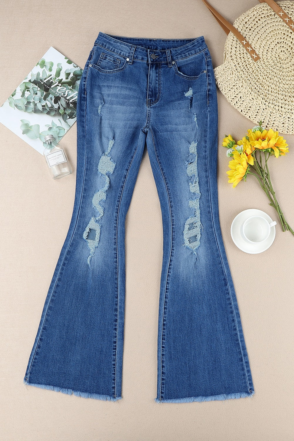 Distressed Frayed Hem Flare Jeans - DromedarShop.com Online Boutique