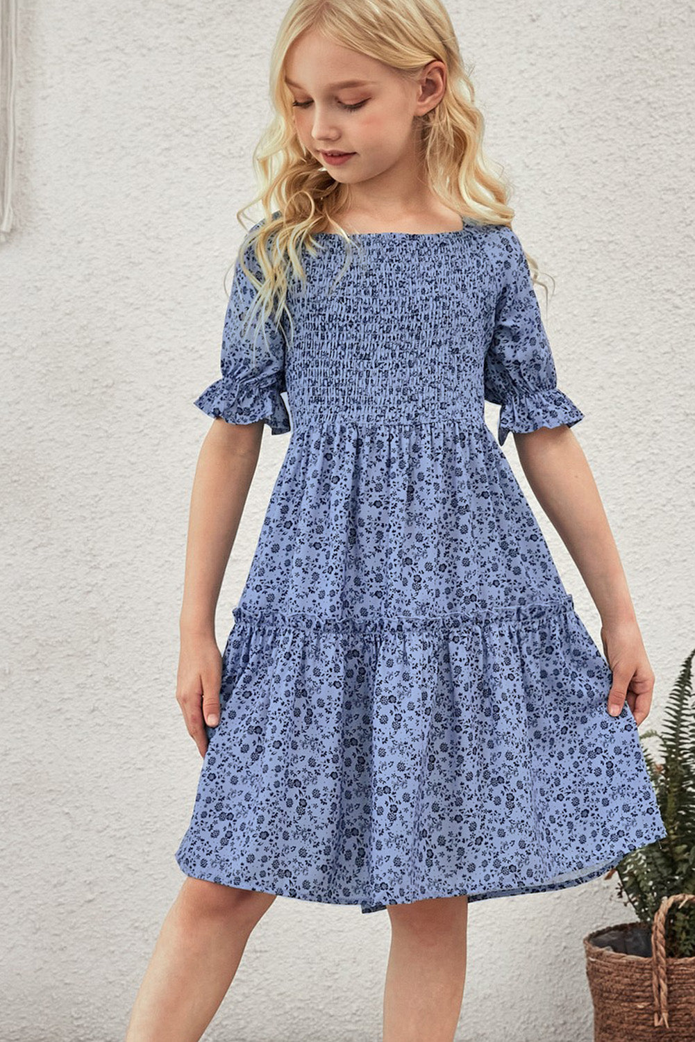 Girls Printed Smocked Flounce Sleeve Dress - DromedarShop.com Online Boutique