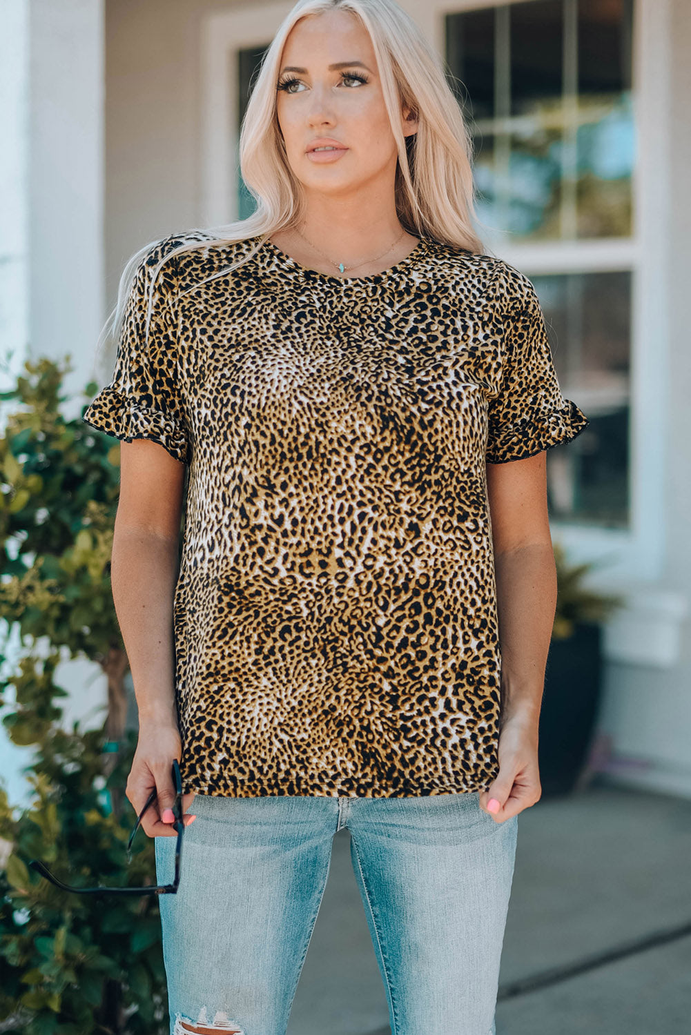 Women Leopard Short Flounce Sleeve Tee - DromedarShop.com Online Boutique