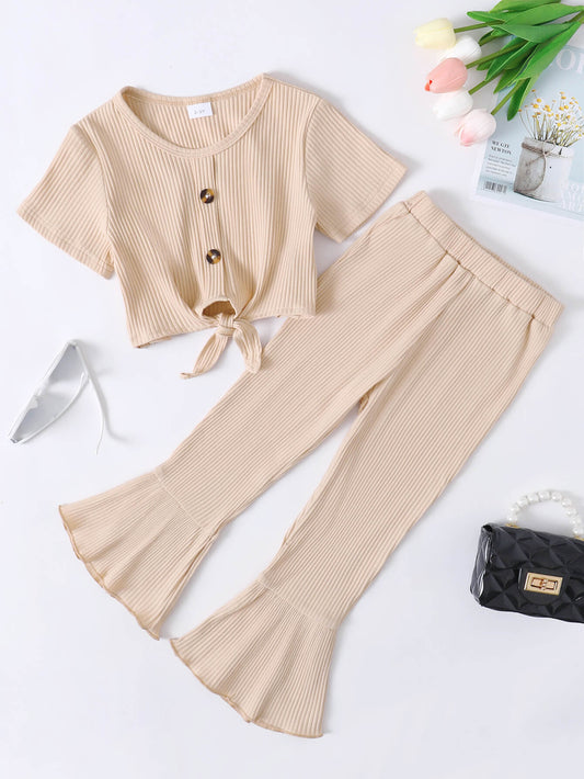 Girls Ribbed Buttoned Top and Flare Pants Set - DromedarShop.com Online Boutique