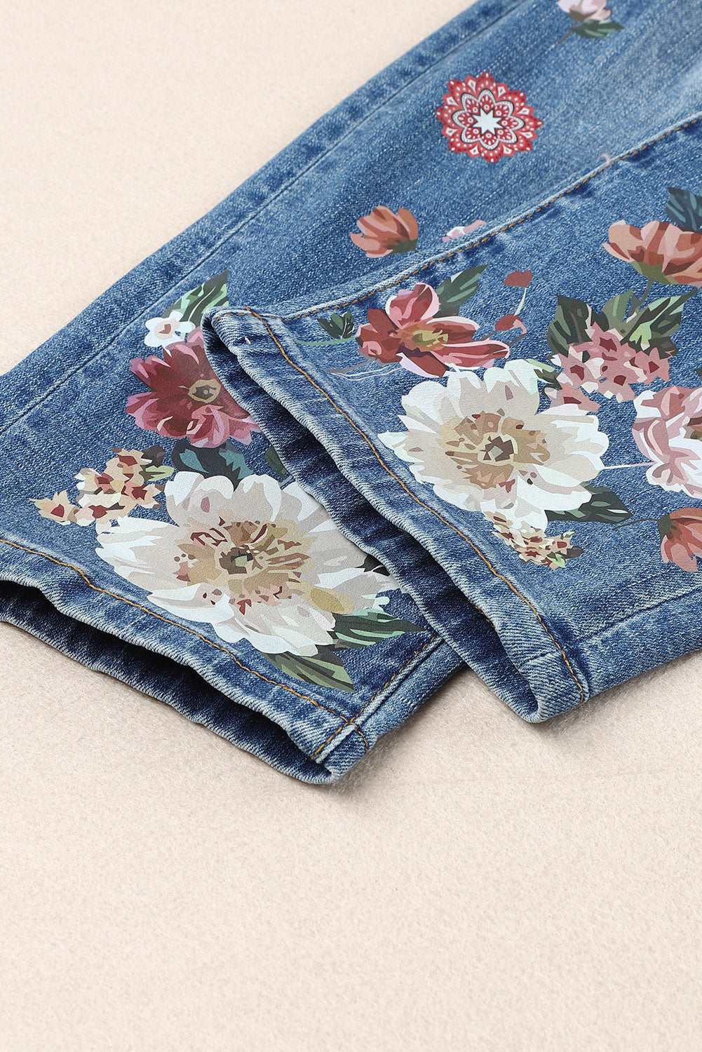 Floral Graphic Patchwork Distressed Jeans - DromedarShop.com Online Boutique