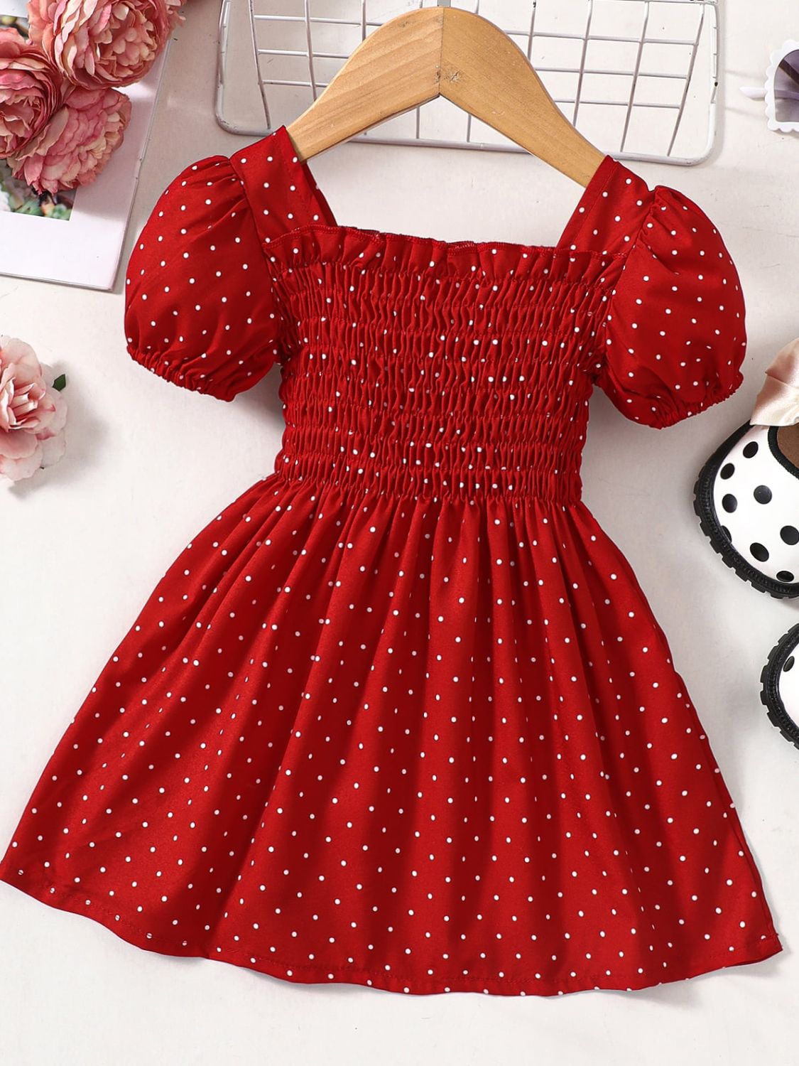 Baby Girl Printed Square Neck Smocked Dress - DromedarShop.com Online Boutique