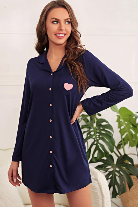 Heart Graphic Lapel Collar Night Shirt Dress DromedarShop.com Online Boutique