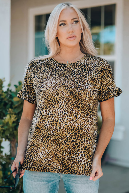Women Leopard Short Flounce Sleeve Tee - DromedarShop.com Online Boutique