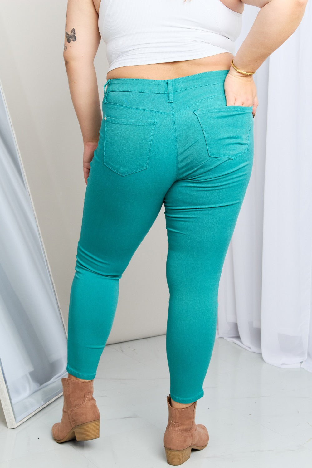 Jeanswear Kate Hyper-Stretch Full Size Mid-Rise Skinny Jeans in Sea Green DromedarShop.com Online Boutique