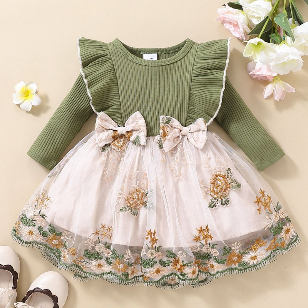 Girls Floral Bow Detail Ruffle Shoulder Tulle Dress - DromedarShop.com Online Boutique