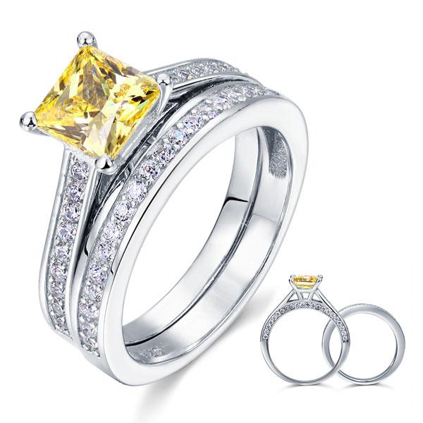 1.5 Ct Princess Cut Yellow Canary Solid 925 Sterling Silver 2-Pcs Wedding Ring Set DromedarShop.com Online Boutique