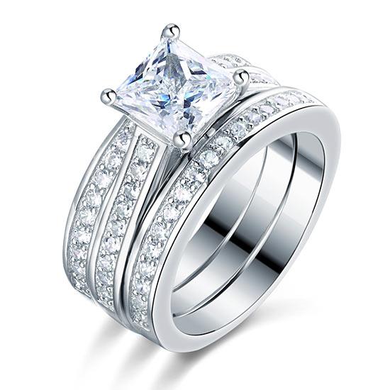 925 Sterling Silver 3 Pcs Wedding Engagement Ring Set Created Diamond XFR8197 - DromedarShop.com Online Boutique