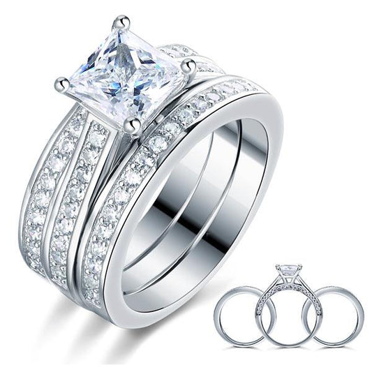 925 Sterling Silver 3 Pcs Wedding Engagement Ring Set Created Diamond XFR8197 - DromedarShop.com Online Boutique