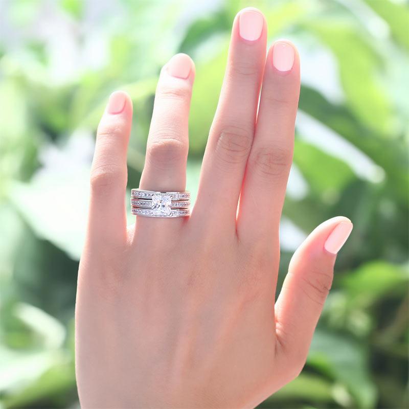 925 Sterling Silver 3 Pcs Wedding Engagement Ring Set Created Diamond XFR8197 - DromedarShop.com Online Boutique